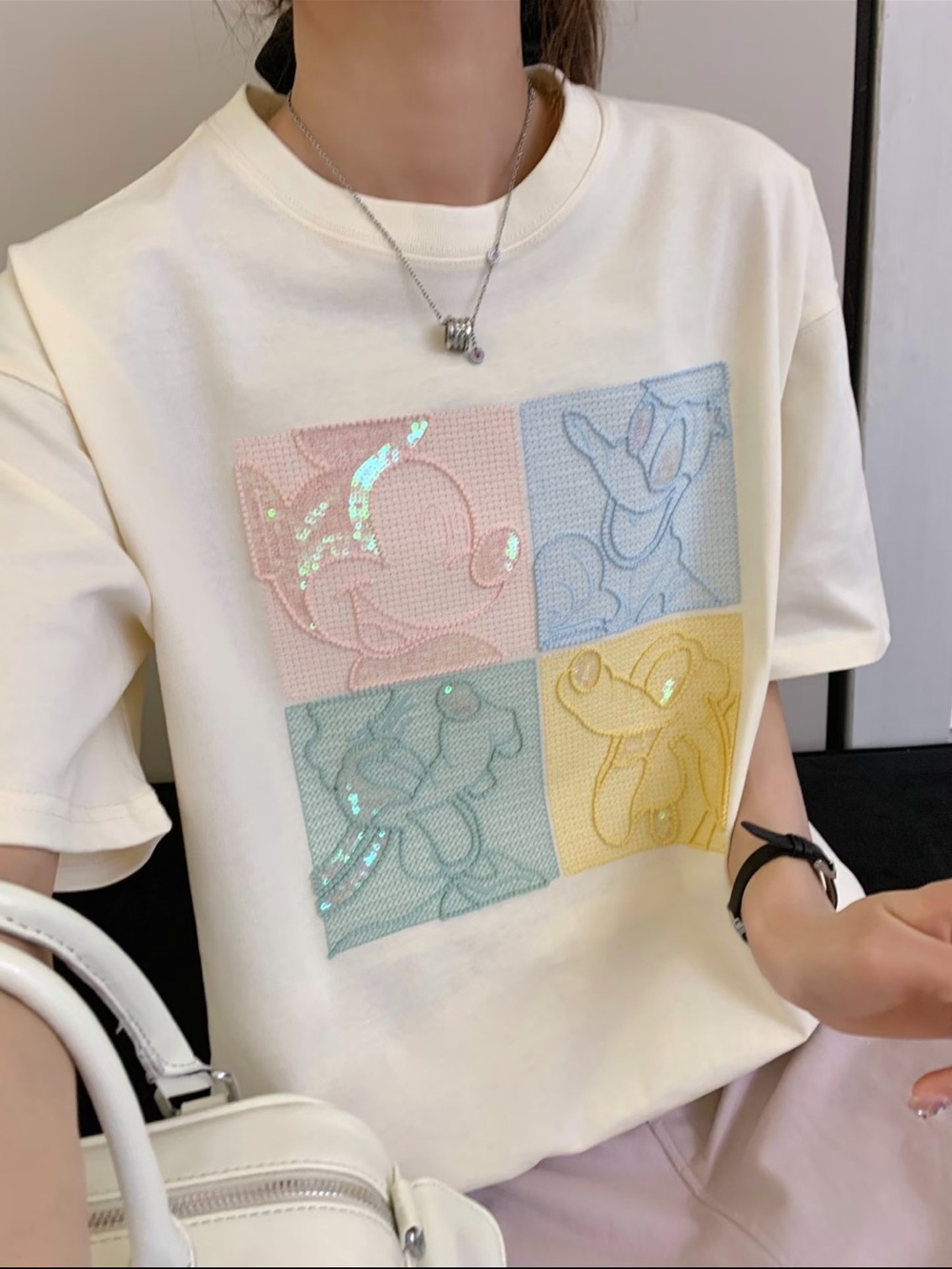 Disney Mickey & Donald Sequin Embroidered Oversized Summer T-Shirt NWT, Korea